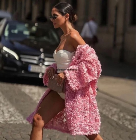 ZARA Floral Knit Coat Pink - Picture 4 of 16